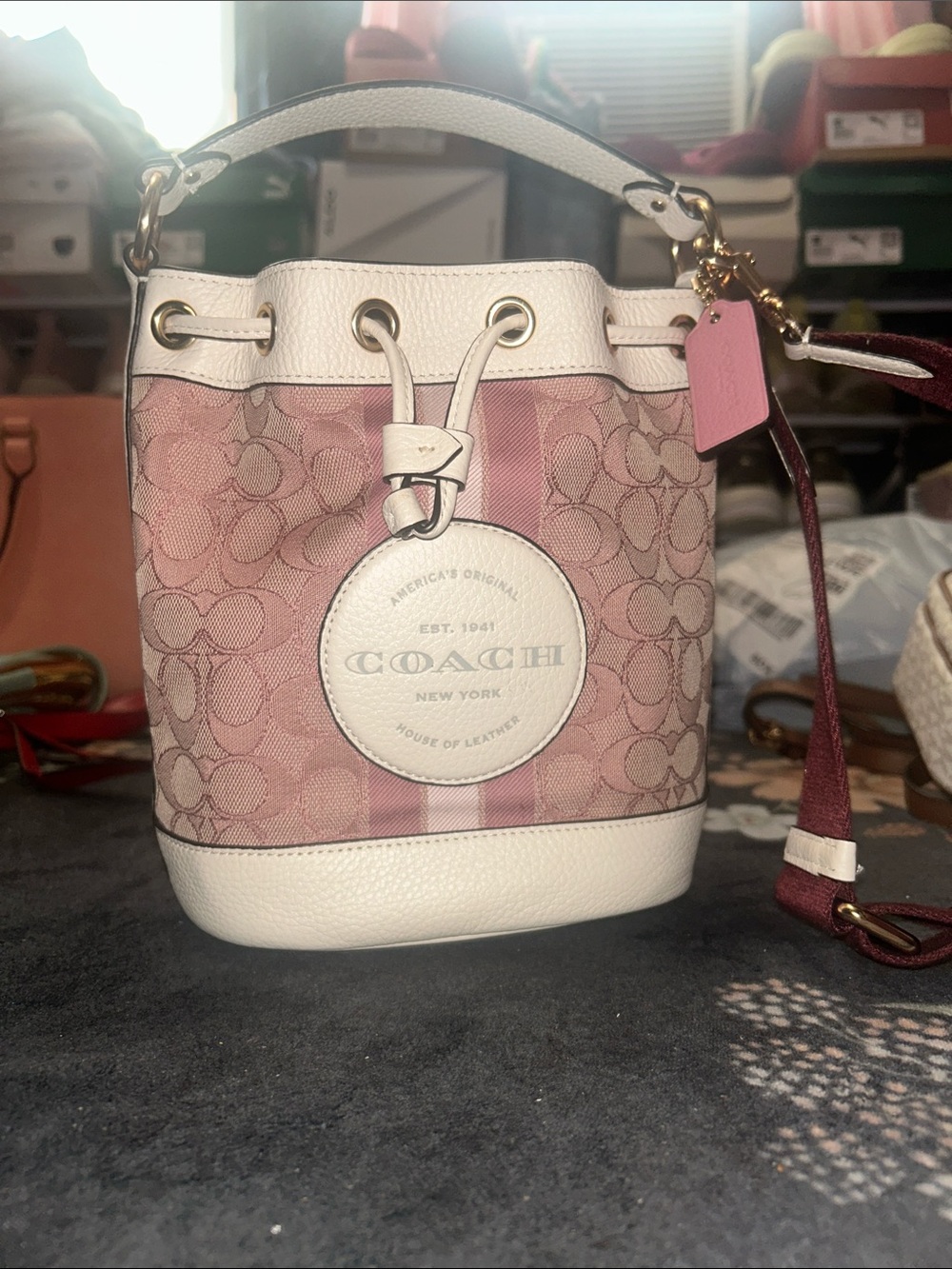 Coach Pink Signature Stripe Mini Drawstring Bucket Bag with White Trim